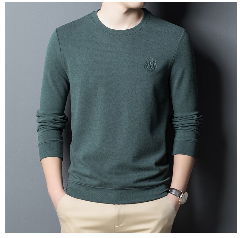 ROMON Men's Spring and Autumn Business Crew Neck Long Sleeve T-Shirt Quality Casual Base Shirt Jacket Men's 113 Green M 9