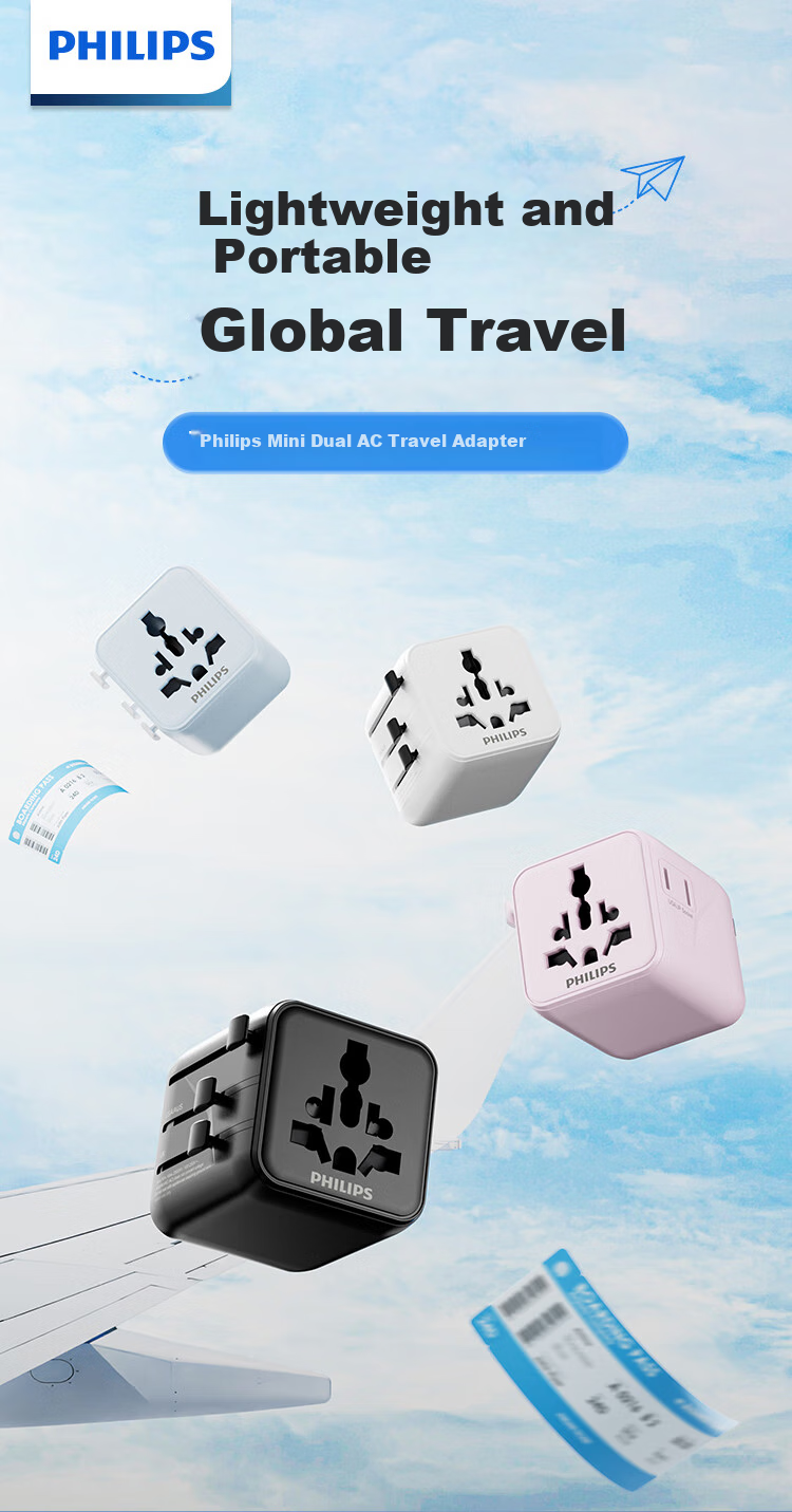 PHILIPS Side-Insert 2-Outlet Travel Adapter/multi-Country Universal International Travel Socket Converter/Compatible with UK, EU, US, AU, Japan, Hong Kong, Singapore, Thailand, Includes Powder 1