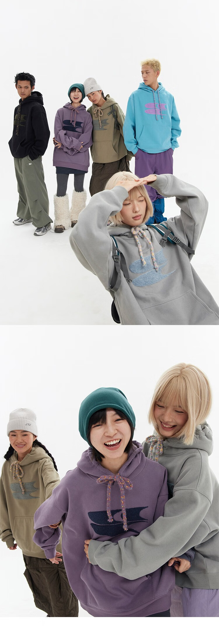 Crying Center Autumn Winter Hooded Logo Polka Dot Drawstring Fleece Thickened Sweatshirt Khaki Gray XS 3