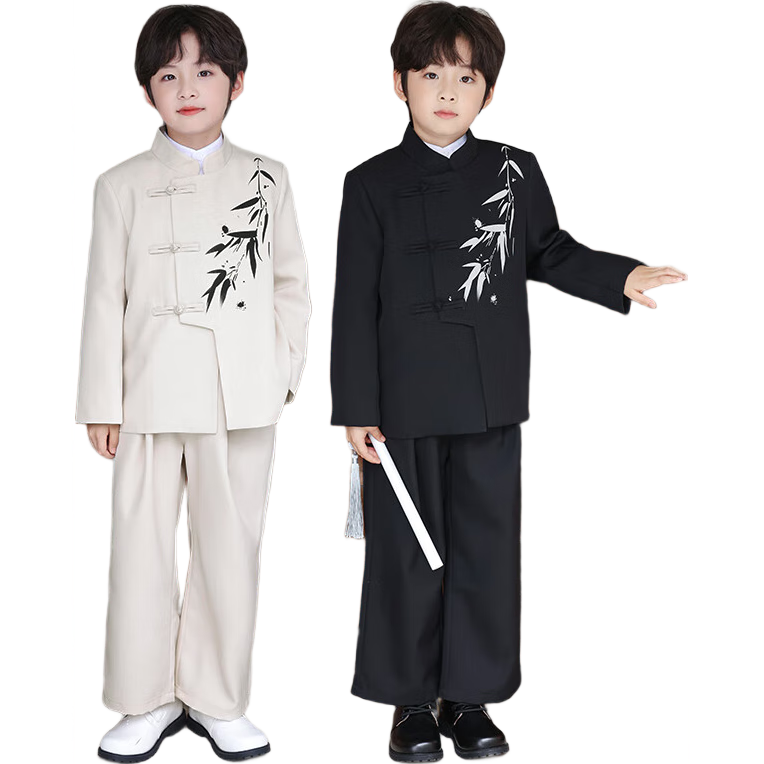 LUOBOBEIBEI Boys' New Chinese-Style Formal Wear, Winter Fleece-Lined Jacket, Children's National Style Suit Tang Costume, Black Three-Piece Set, Size 110