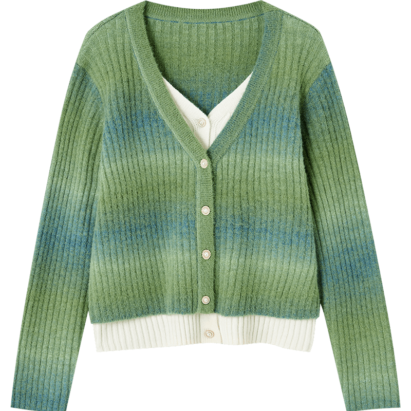 Demana Wool Blend Gradient Dye Cardigan Autumn Two-Piece Look Colorblock V-Neck Sweater with Decorative Buttons for Women