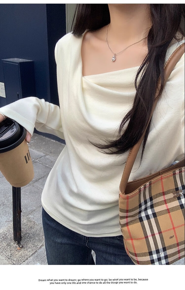 Woodpecker Dangling Collar Long Sleeve T-Shirt Women Autumn New Pure Desire Off-Shoulder Slim Fit Base Shirt Top Apricot XL 6