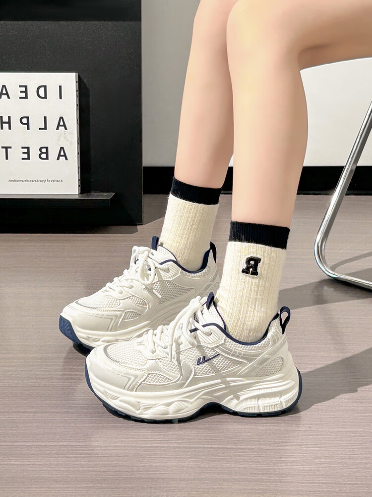 Warrior Women's Sports Shoes Autumn Casual Korean Style Breathable Haze Blue Dad Sneakers White Dark Blue Size 39 3