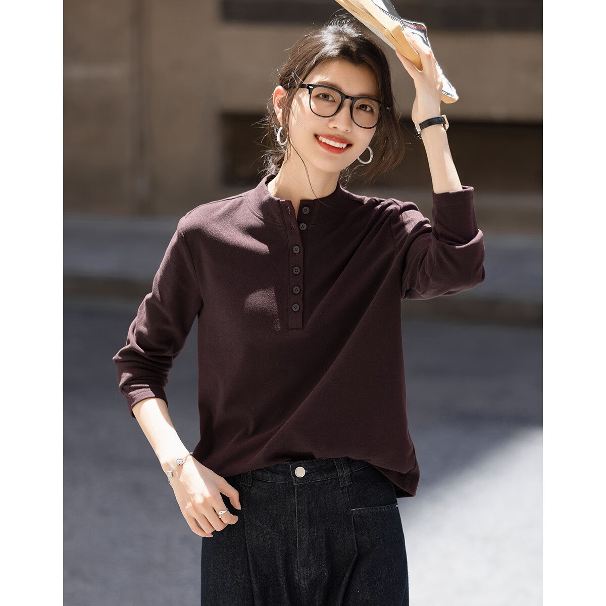 Demana 220G Thermal Warm Ginger Fleece Winter Warm Round Neck Buttoned Half-Placket Solid Color Spliced Women's T-Shirt