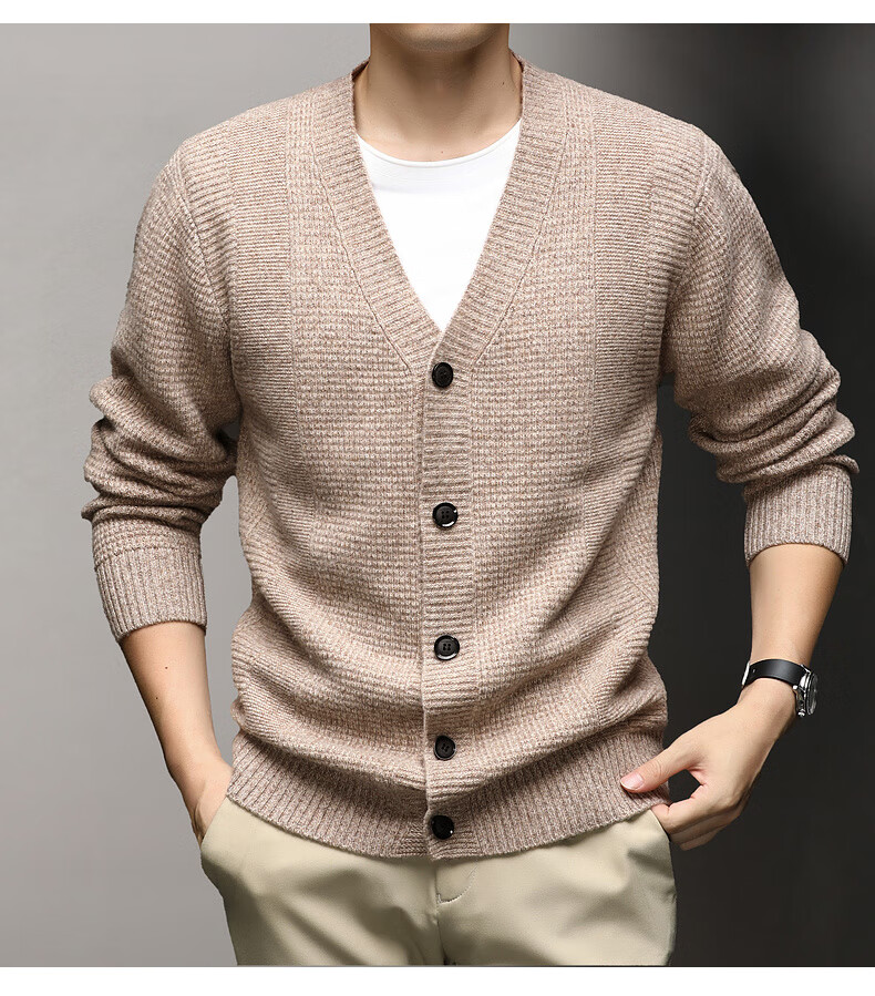 Hengyuanxiang Men's Wool Cardigan Thickened 100% Pure Wool Winter New V-Neck Warm Sweater Men's Versatile Knit Jacket 6