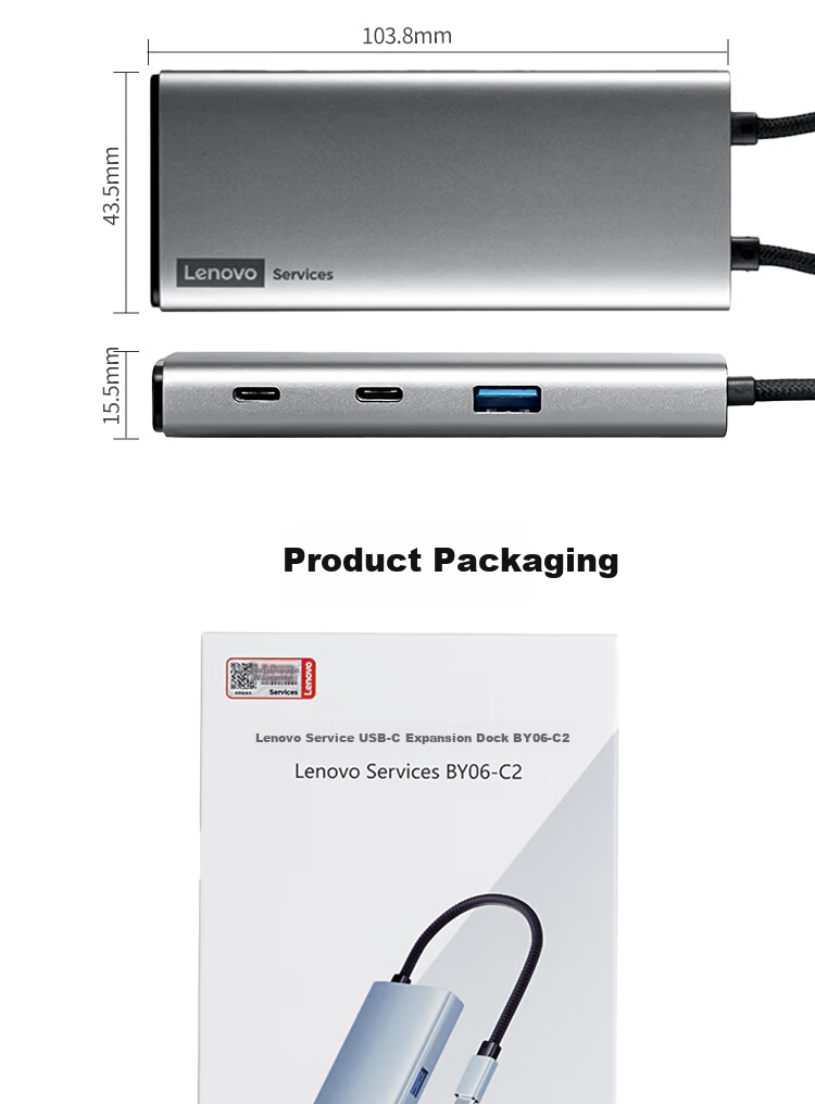 Lenovo Type-C Expansion Dock, USB3.2 Hub, 10Gbps Transmission, HDMI 4K 60Hz Converter, PD100W Expansion Dock, BY06-C2 (Metal) 15