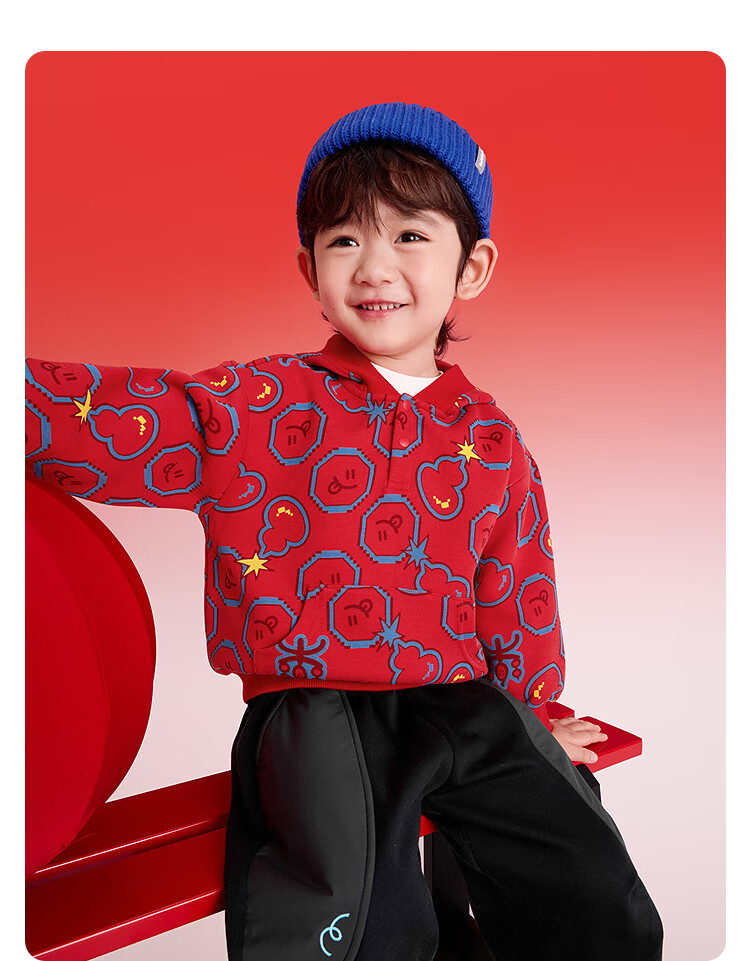 Balabala Kids Red Hoodie Sweatshirt Boys Girls 2025 New Spring Hooded New Year Top Baby Festival Outfit Trend 2