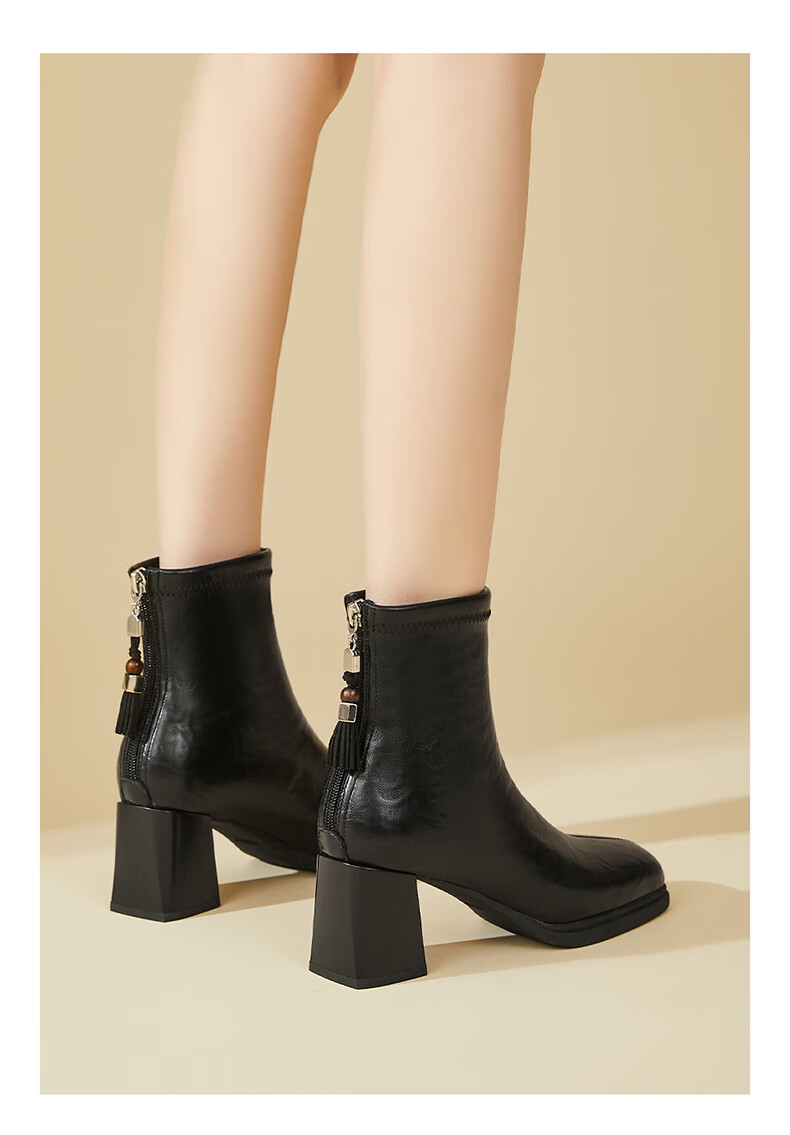DAPHNE Vintage High Heel Fleece-Lined Ankle Boots for Women Petite French Square Toe Fashion Chunky Heel Slim Leather Boots Brown 37 6