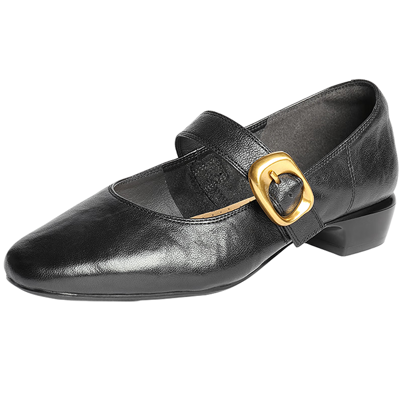 SENDA Mary Jane Women's Leather Shoes JD Self-operated Lambskin Spring Autumn Commuting Chunky High Heel Pumps Black 37