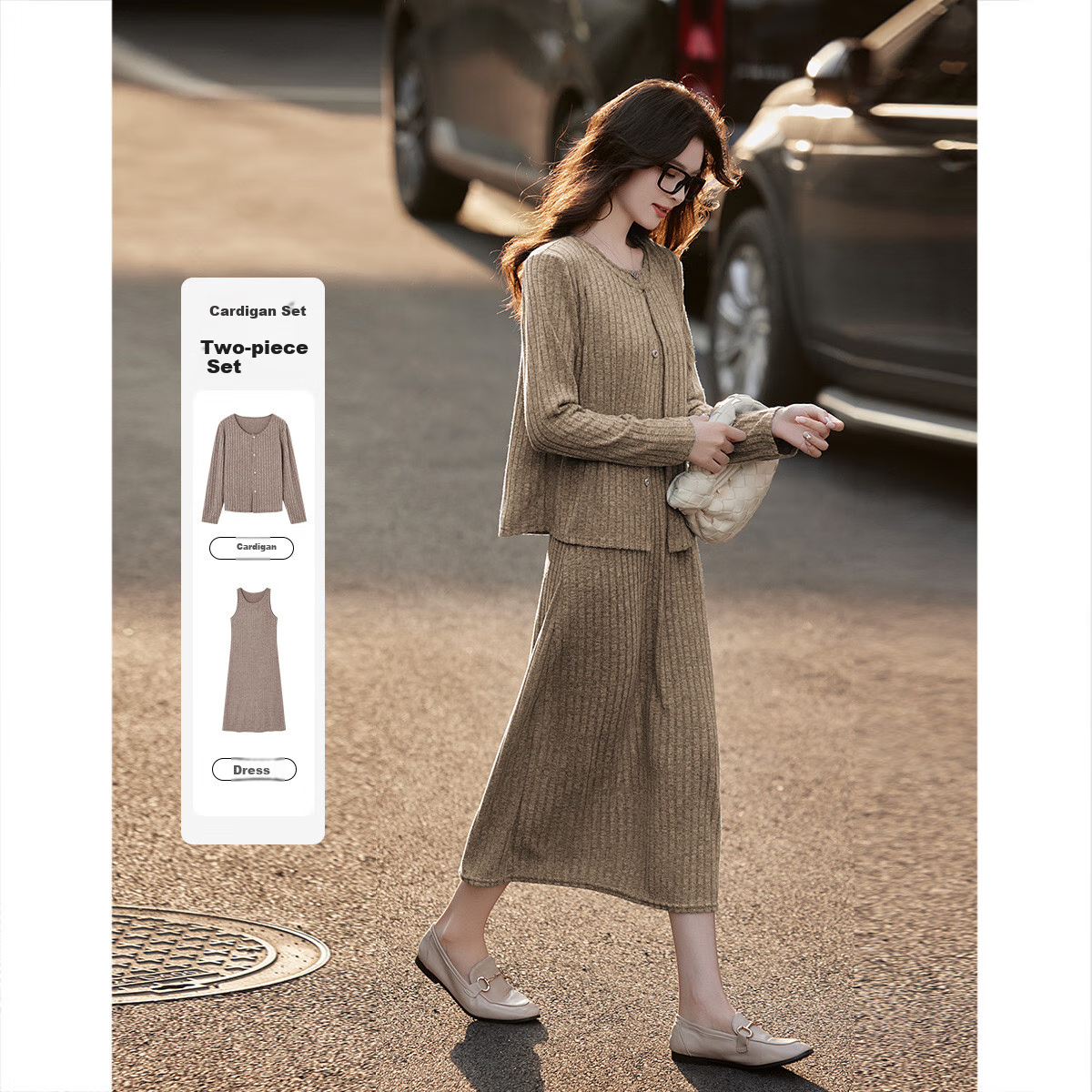 Dme [Gentle Girl] Spring And Autumn New Lazy One-Piece Outfit, A-Line Dress Knitted Cardigan Two-Piece Set, Women's Fashio