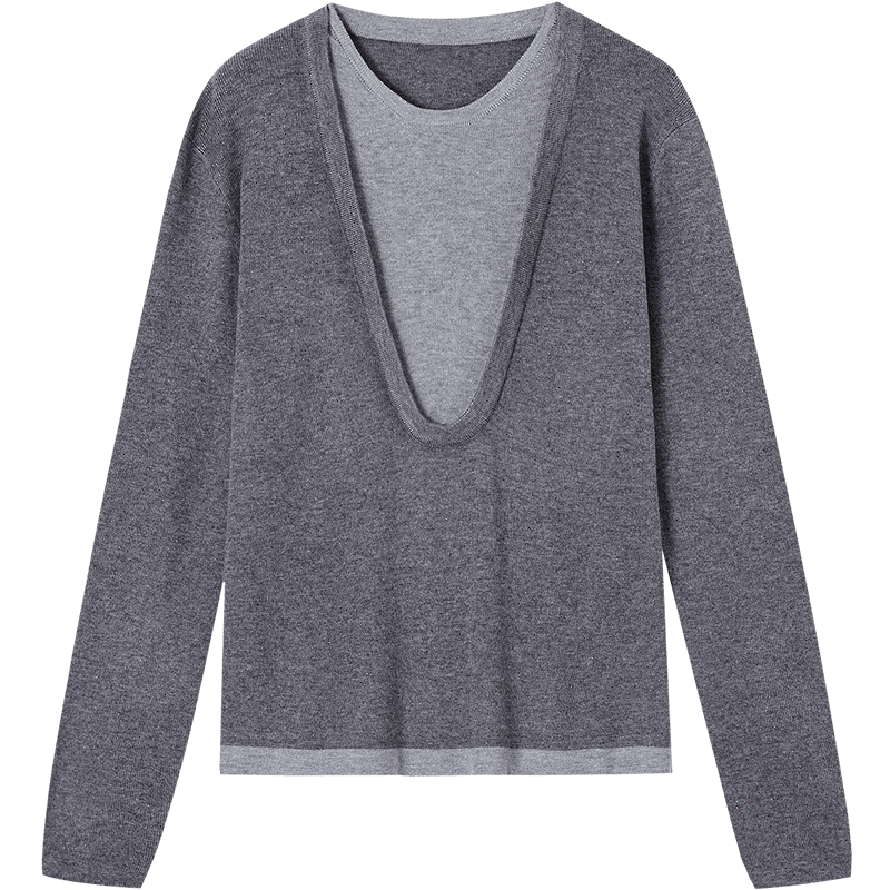 Dme [Containing Warm And Soft Wool] Autumn Color-Block Faux Two-Piece Round Neck Sweater, Petite Elegant Knit Top for Wome