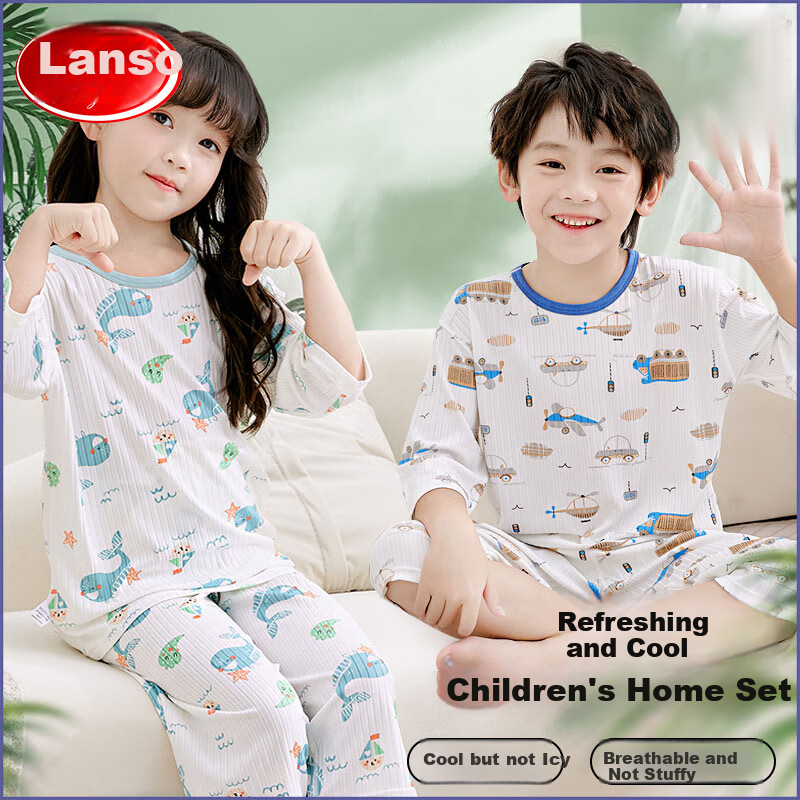 LangSha Children's Pajamas for Boys And Girls, Summer Thin Style Baby Home Wear Set, Big Kids Three-Quarter Sleeve Air Conditioning Clothes 150