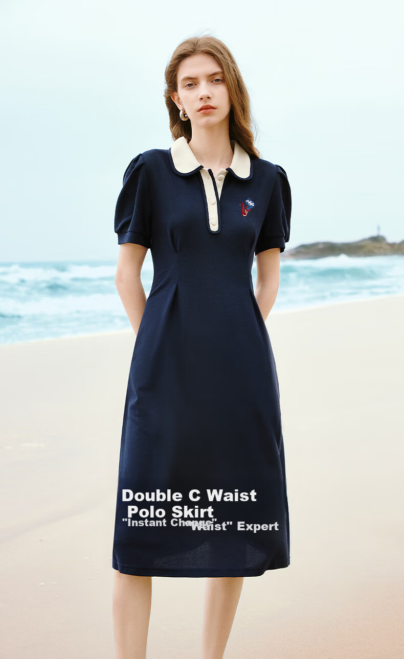 Chuyu Polo Collar Dress with Waist-Cinching Slimming Effect for Women, New Summer 2025 A-Line Short-Sleeve T-Shirt Midi Skirt, Gray, Size S 1