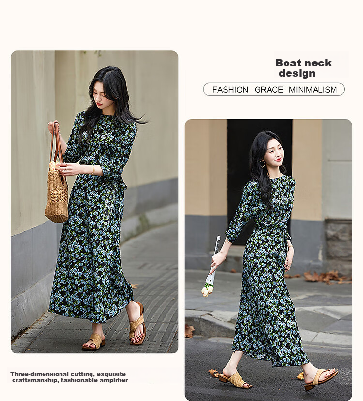 Demana Composite Silk Huayao Print Spring French Style Boat Neck Waist Cinched Floral Raglan Wrap Patchwork Women's Dress 5