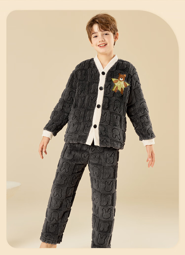 LangSha Fleece-Lined Thickened Flannel Children's Pajama Set Autumn Winter Boys Sleepwear Warm Clothes 15