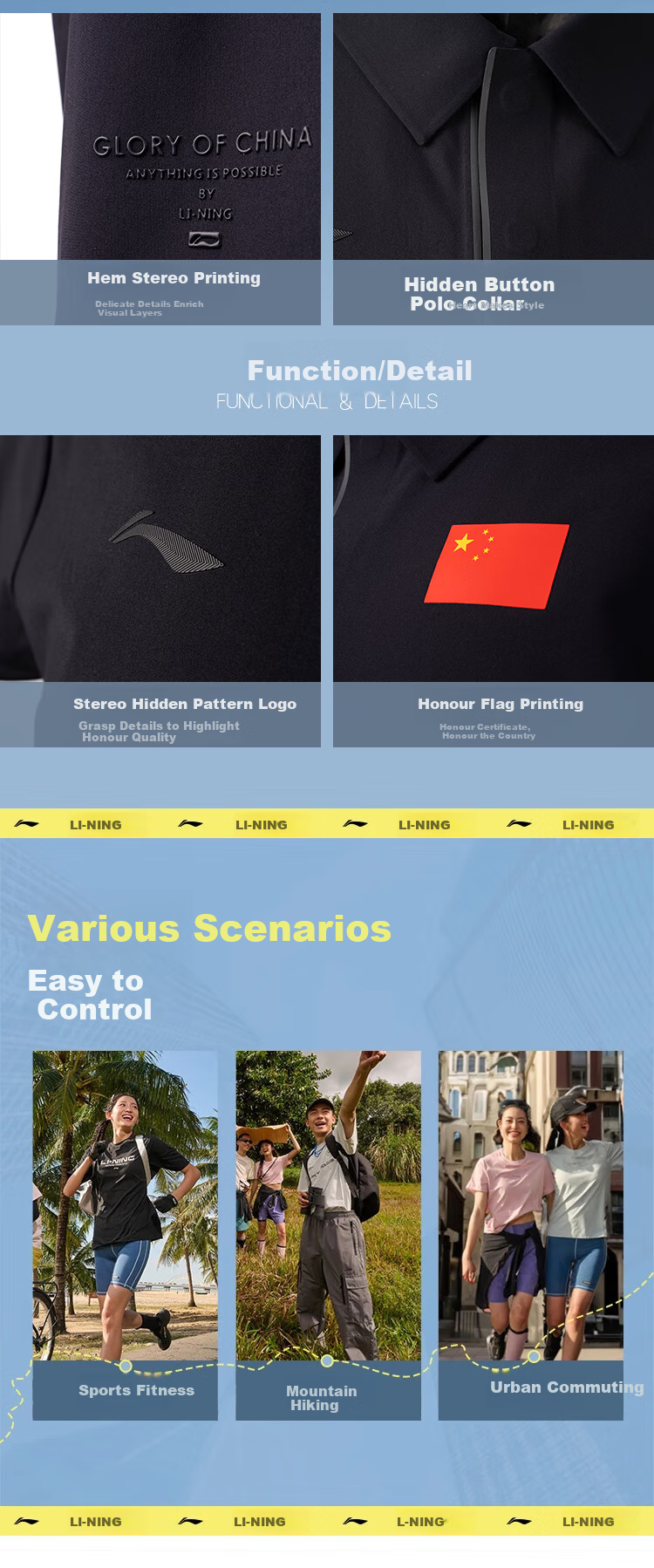 Li-Ning Glory National Flag Logo Ice-Cool Comfortable Sun Protection Short-Sleeve T-Shirt Round Neck Sports Top for Men And Women, National Team Champion Style 3