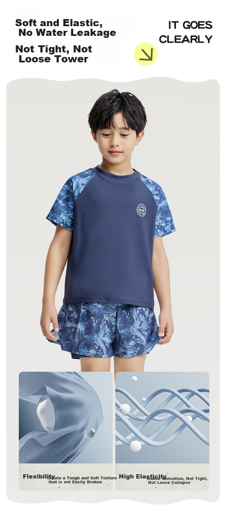 Jeep Children's Swimwear, Boys' Two-Piece Professional Quick-Dry Training Sun Protection Swimsuit, Camouflage Blue, Size 130 3