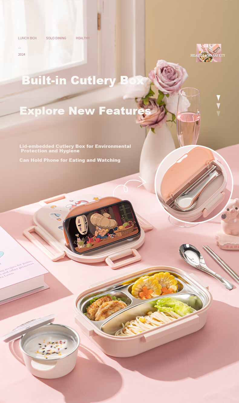 Guangyi 316 Stainless Steel Lunch Box for Elementary School Students And Office Workers, 3-Compartment Bento Box with Utensils And Soup Bowl + Bag GY7406 9