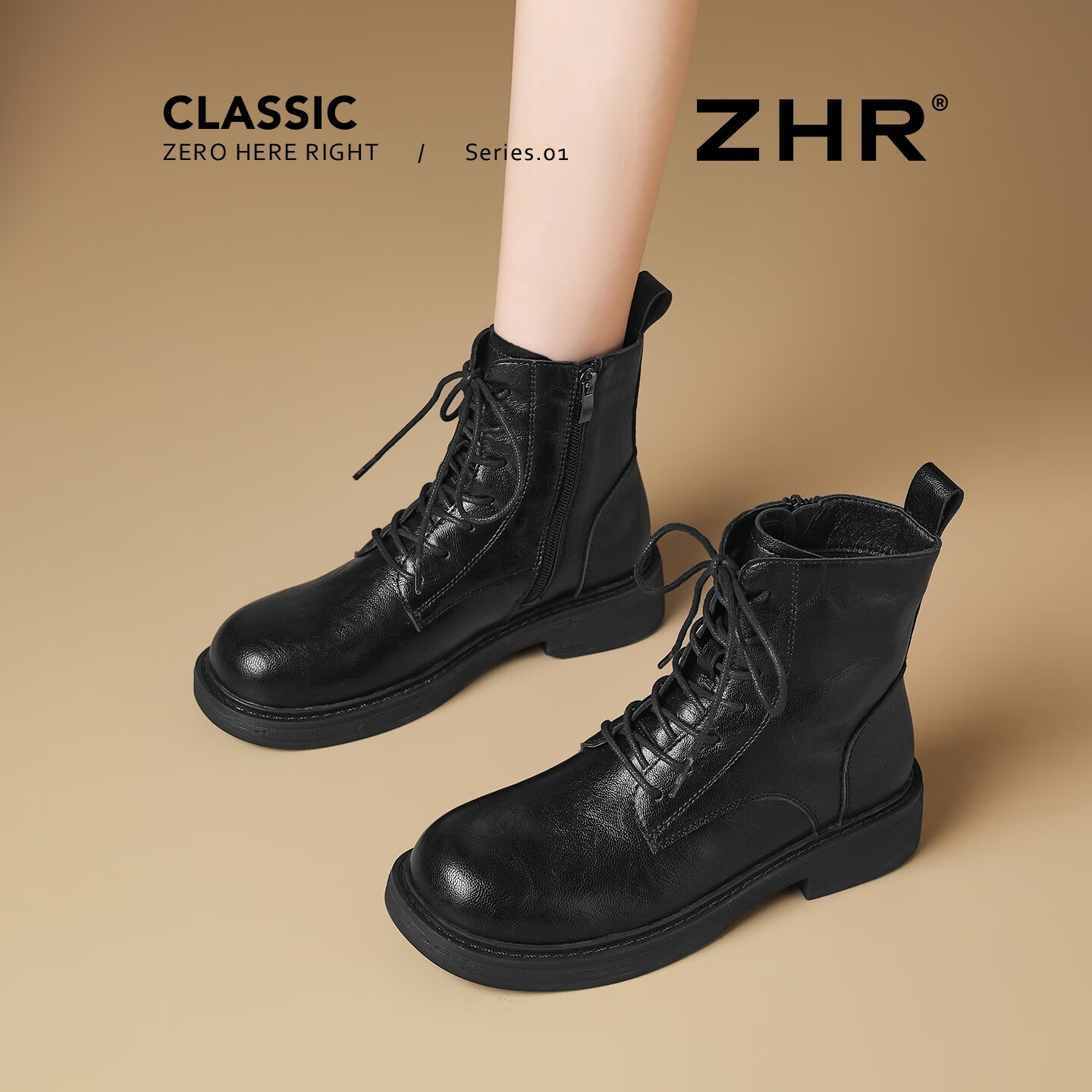 ZHR Women's Martin Boots Winter Flat Knight Short Boots British Slim Fleece Warm Leather Shoes KR10A Black 35