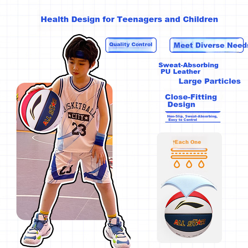 Li-Ning Basketball Size 5 for Children, Kindergarten, Elementary School Students, Indoor And Outdoor Use on Cement Courts, Youth Non-Slip Wear-Resistant PU Basketball, Blue Color