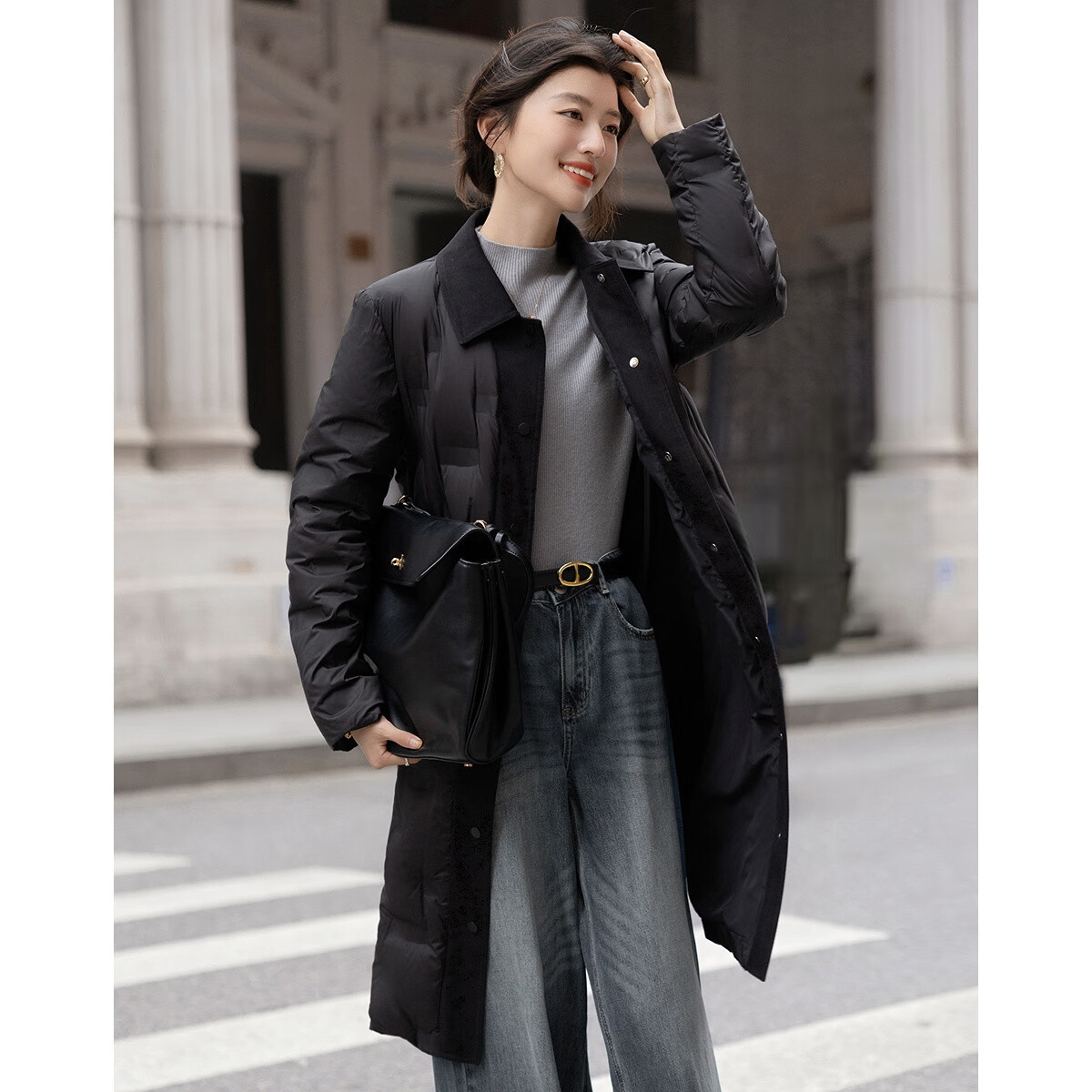 Demana [Dark Night Star River] Winter High Warmth 90% Duck Down Colorblock Lapel Straight Cut Women's Down Coat