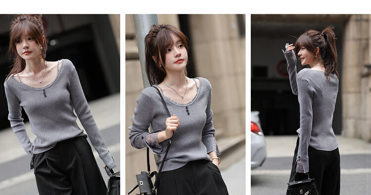 MT Slim Fit Short Wool Blend Lace Splice U-Neck Knit Sweater for Women - Autumn Collection 4