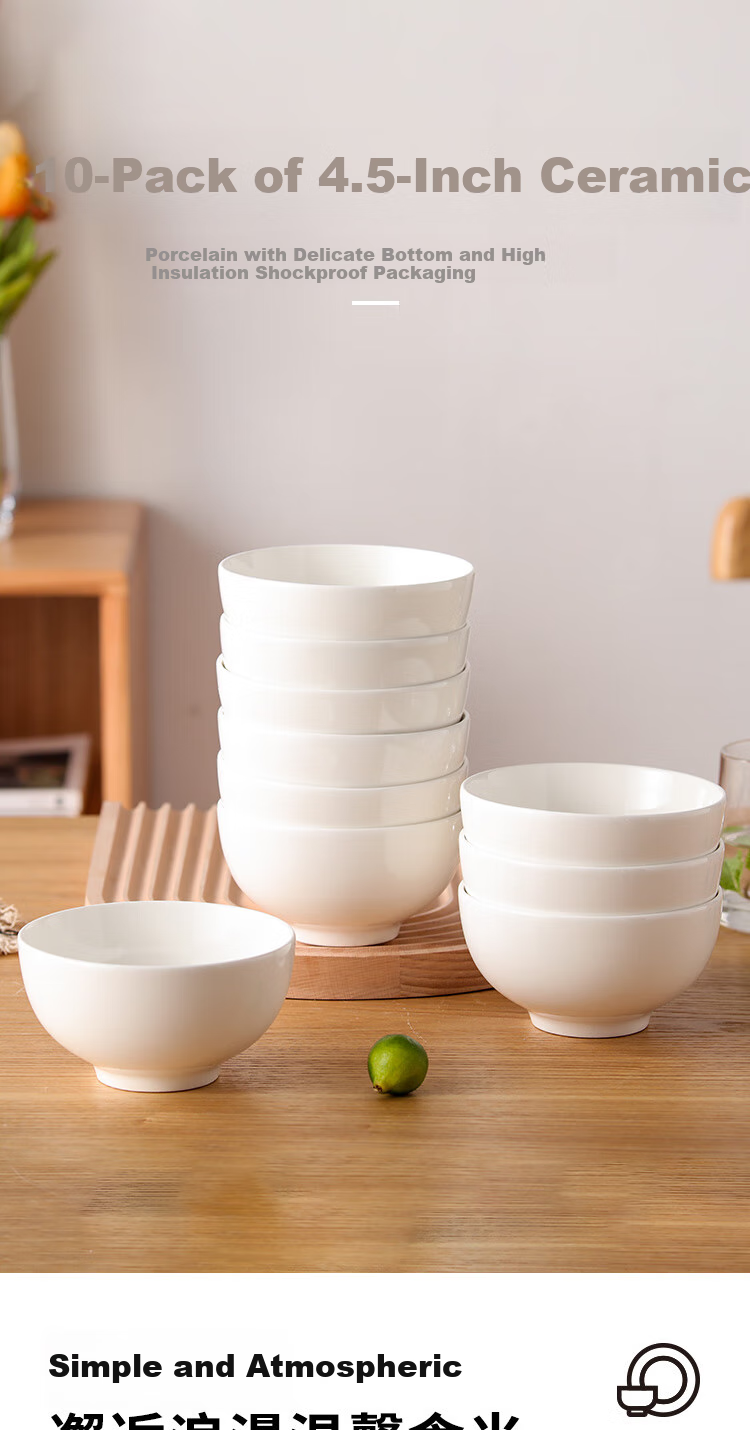 Jieyajie Ceramic Noodle Bowls, Personal Use White Porcelain Bowls, Chinese Style 6-Inch Inverted Edge Rice Bowls, Microwave Safe, Set of 4 for Home Use 1