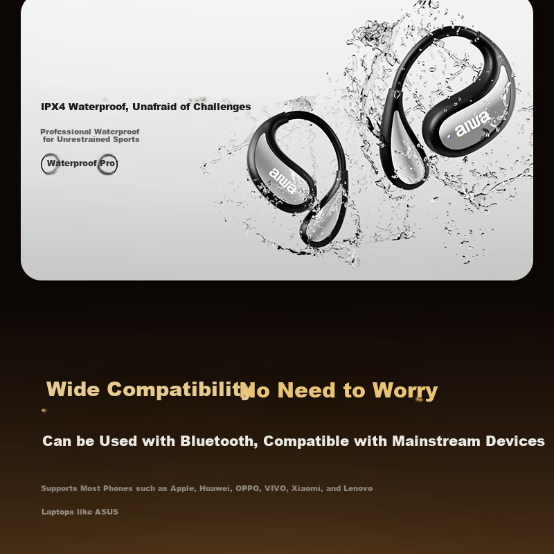 Aiwa AW35 Luxury Leather Texture Bluetooth Ear Hook Open-Ear Sports Running Long Battery Life Headset for Apple Huawei Phones White 24
