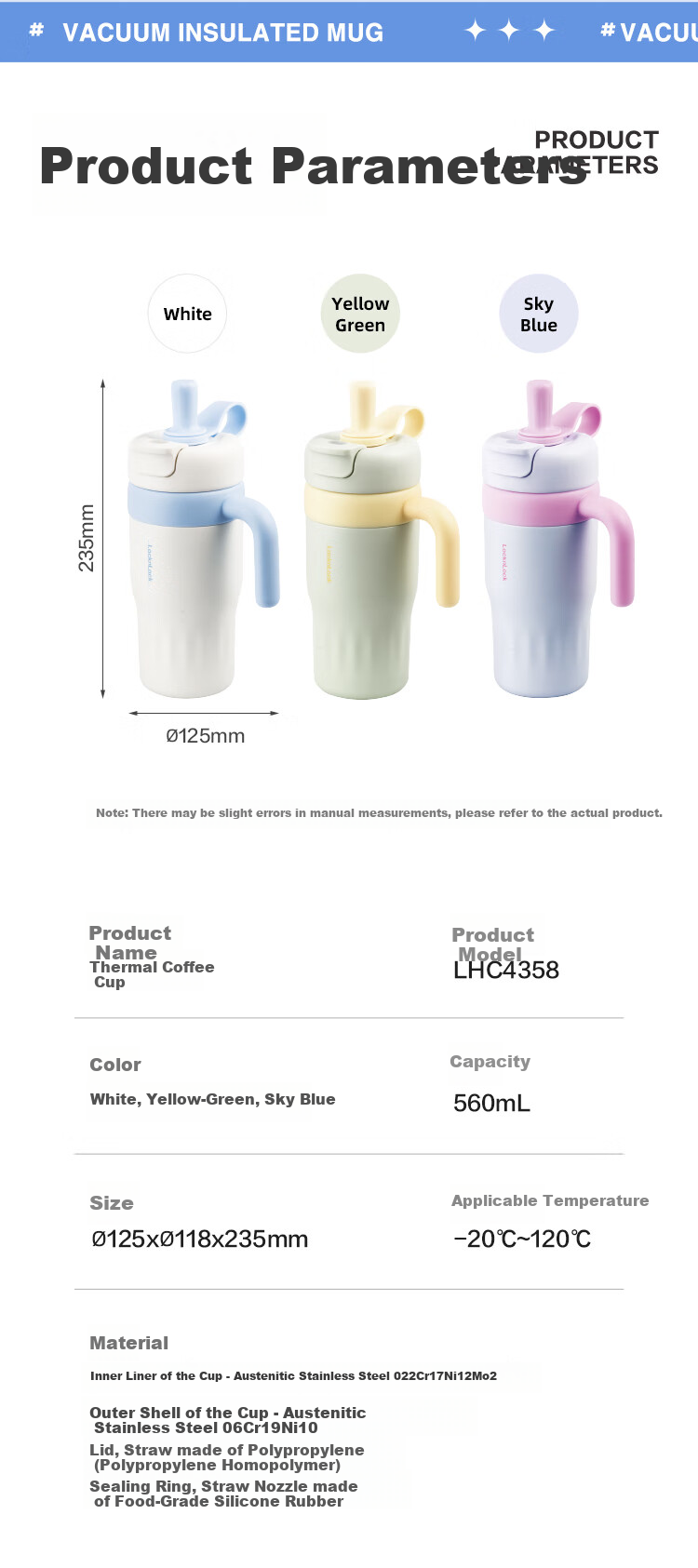 LOCK&LOCK Dopamine Insulated Coffee Mug for Men And Women Students, Desktop Tumbler with Handle, 560ML, White And Blue 16