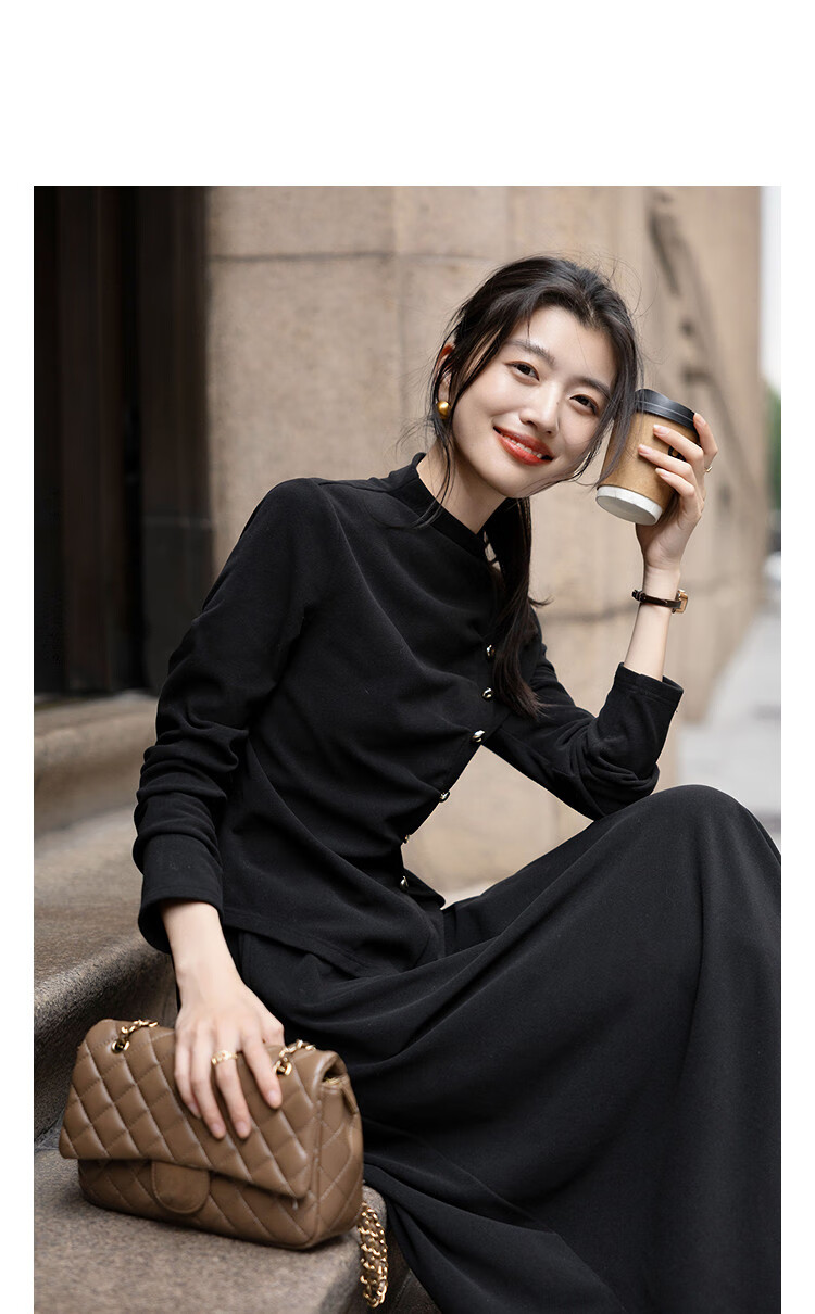 Demana Warm Thermal Set Autumn Elegant Half Turtleneck Pleated Button Top Elastic Waist Midi Skirt Two-Piece Set 2