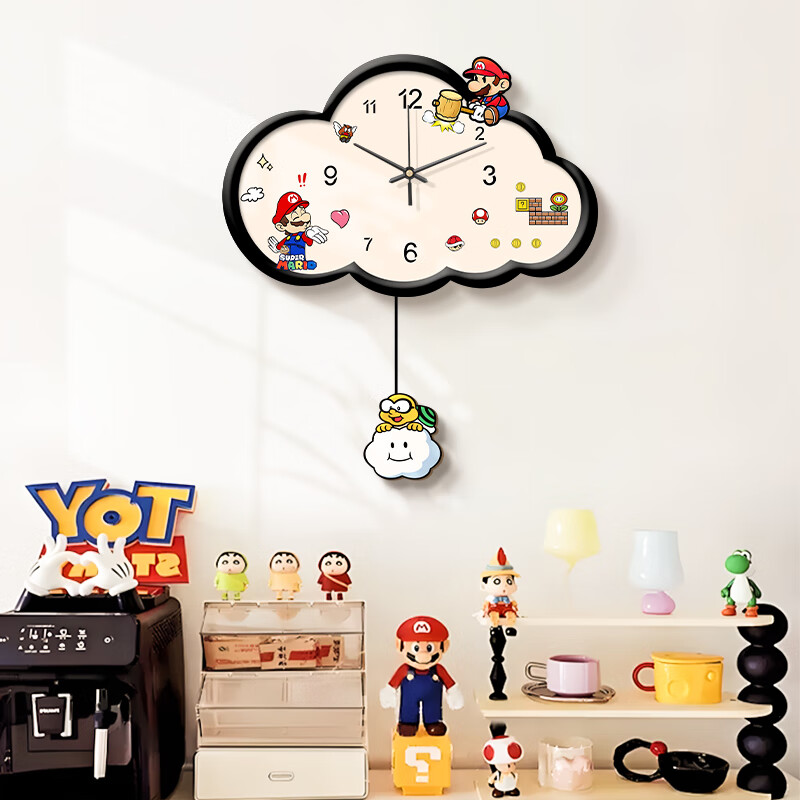 Haojiubujian Mario Cute Cartoon Wall Clock, Living Room Creative Decorative Clock, Quiet Home Wall-Mounted Timepiece