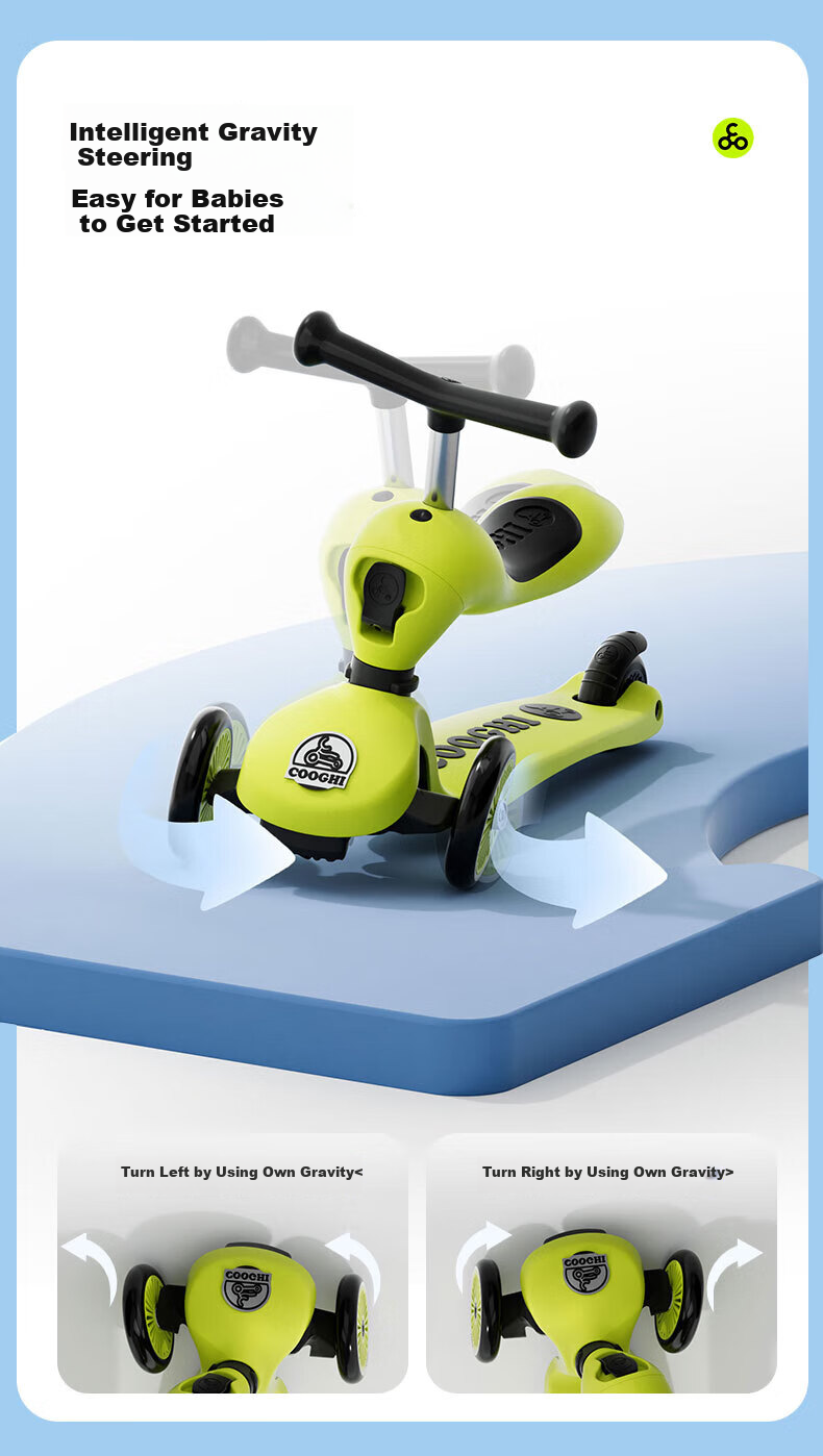COOGHI Children's Scooter V2 Two-In Multifunctional Kids' Bike, Gravity Steering, Quiet, for Ages 1-5, Birthday Gift, Classic Gree 13