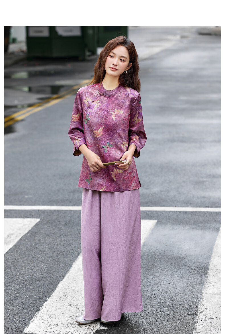 Fanximan New Chinese Style Women's Autumn Set Stand Collar Top Wide Leg Pants Set Purple Floral M 16