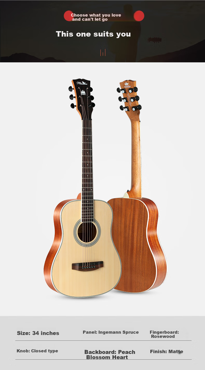 Minsine 34-Inch/Original Wood Color Matte Travel Guitar for Students, Beginners, Folk Guitar for Men And Women, Small Guitar 2