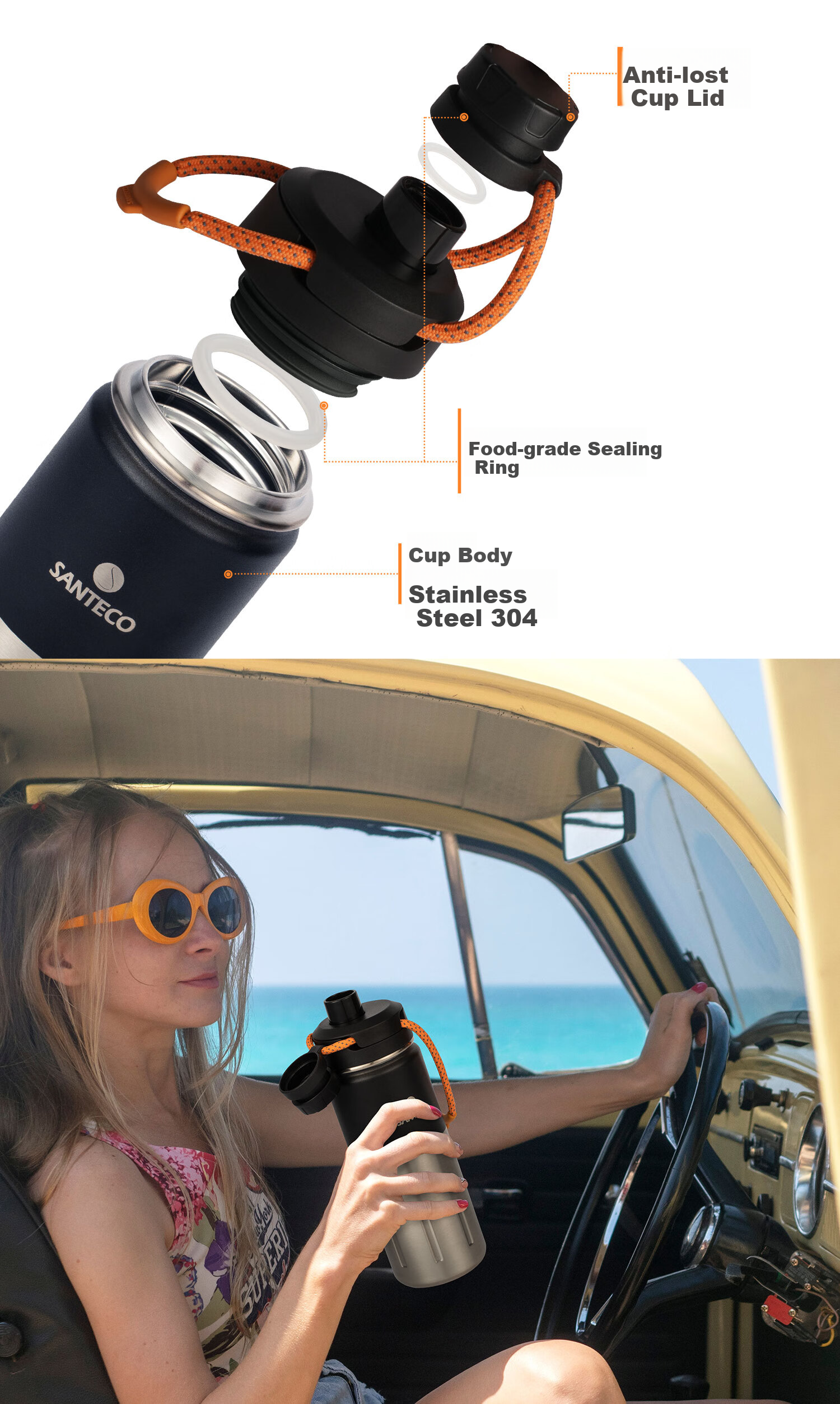 SANTECO Stainless Steel Insulated Water Bottle, Sports Cup, Portable Outdoor Men's Car-Mounted Large Capacity Cup, Cycling Mug, Moss Gree 2
