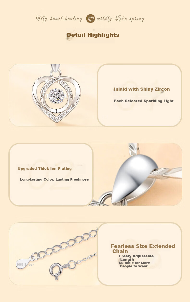 Zhenshangyin Chinese Gold "Pulsating Heart" Sterling Silver Necklace for Women, One Carat Moissanite Pendant, New Style, Birthday Gift for Girlfriend 4