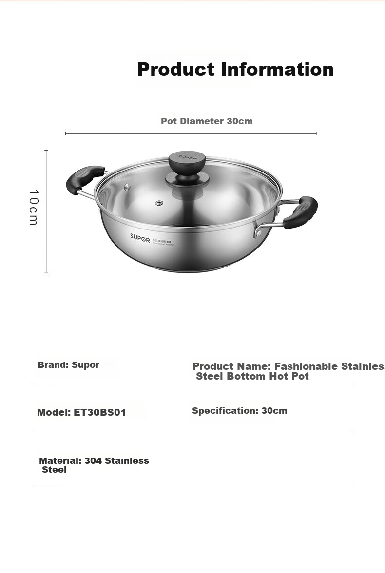 SUPOR Stylish 304 Stainless Steel Hot Pot with Composite Bottom 30CM Compatible with Induction Cookers ET30BS01 18