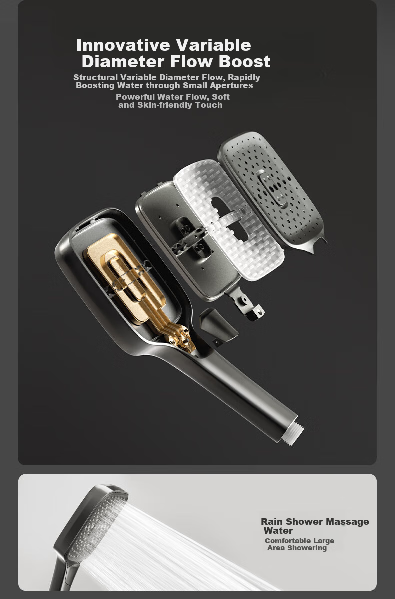 SUPOR Shower Head Set with Integrated Rain Curtain, All-Copper High-Pressure Filtered Bathing Set with Piano Key Buttons And Large Storage, Gunmetal Gray S 7