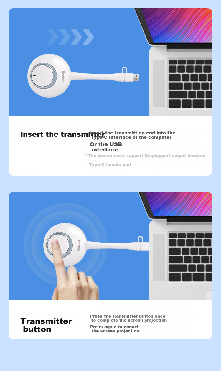 Horion [Wujie 2S] HDMI Wireless Screen Mirroring Device, 4K Screen Casting Adapter, Compatible with Office Laptops, Desktop Computers, Smartphones, TV Display Projection, USB+C Dual Port HG-2S Kit 25