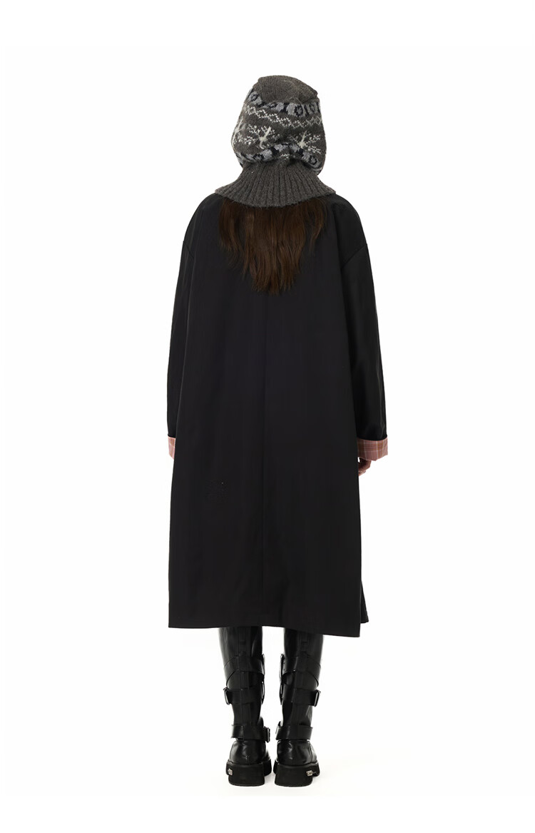 GROUND ZERO Unisex Autumn Mid-Length Trench Coat with Plaid Color-Block Lining Black 2XL 8