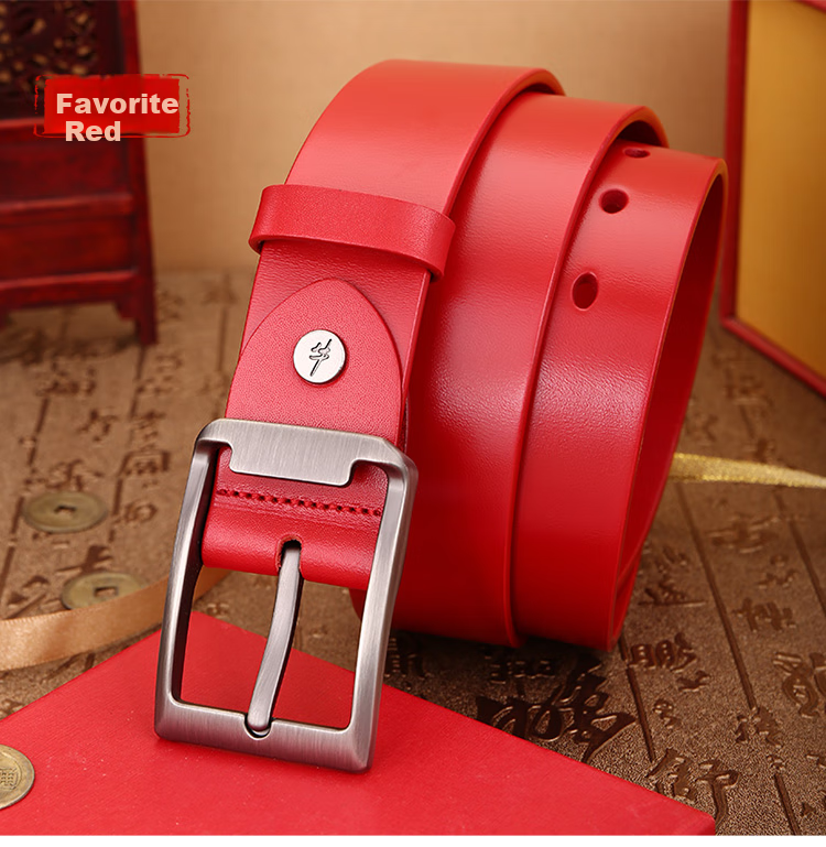 Cattlesboss Red Belt for Men, Zodiac Year Red Leather Belt, Horse Year Men's Casual Pin Buckle Trouser Belt, 1101 Racing Red 110cm 11