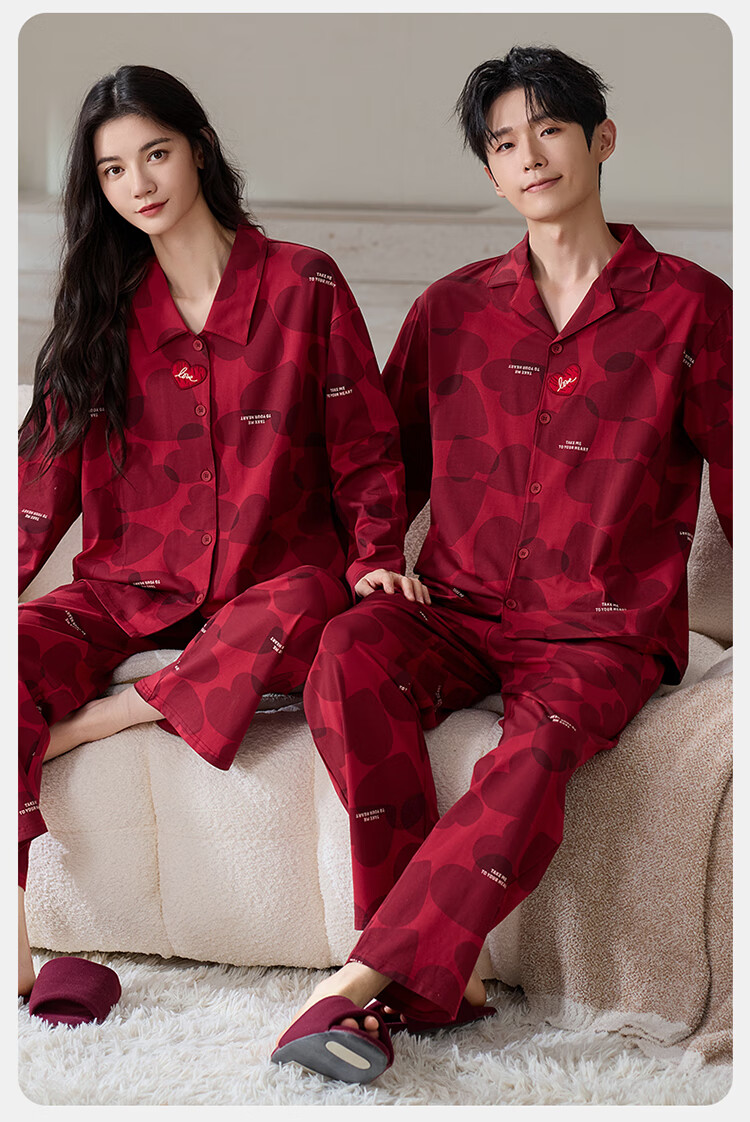 Ordifen Wedding Pajamas Spring Autumn 100% Cotton Couple New Marriage Red Homewear Set L 2