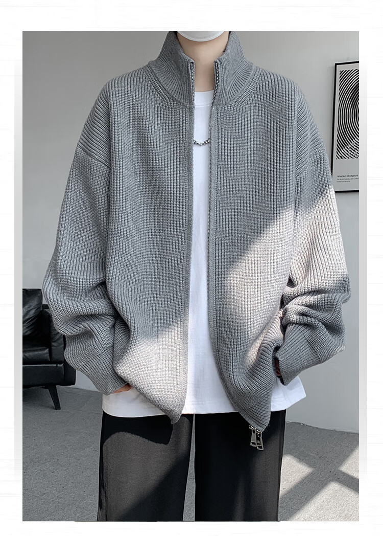 IZEXX Men's Autumn Loose Fit Zip-Up Stand Collar Knit Cardigan Sweater XZ08 Gray XL 1