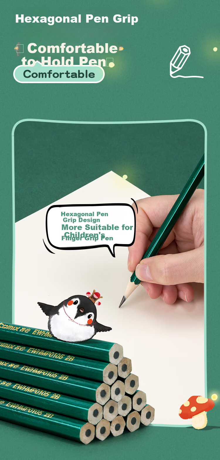 COMIX Wuhuangrensheng Is Wilderness 2B Pencils 10 Pieces, Classic Green Wooden Hexagonal Pencils, Student Exam Marking Cards Writing Art Wooden Pencils, EWHMP0105 2