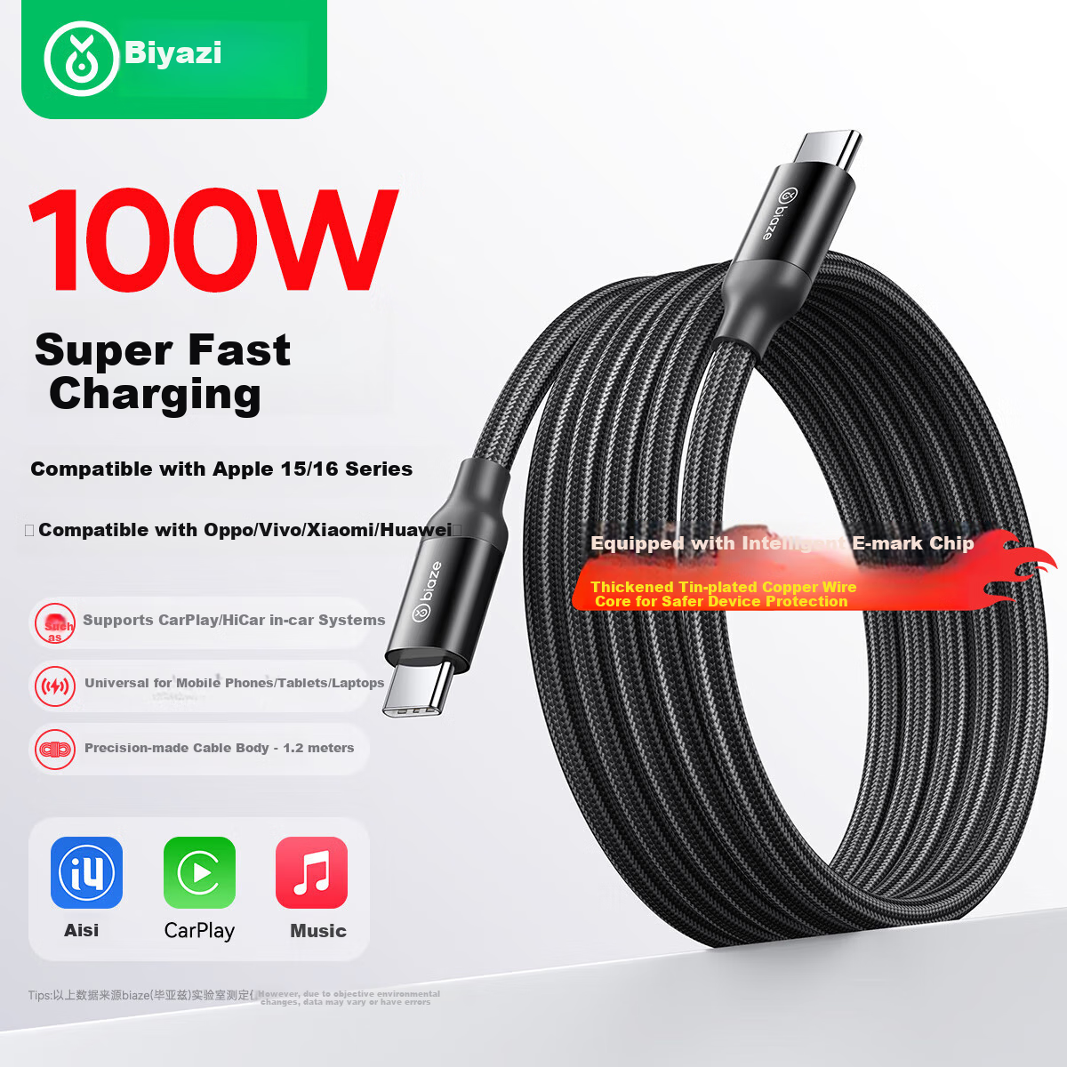 BIAZE Dual-Head Type-C Data Cable, 100W Fast Charging Cord, Compatible with Apple IPhone 18 Pro Max 17/16/15, Huawei, Xiaomi, Android Phones, IPad Tablets, DJI Drones, Car Charger