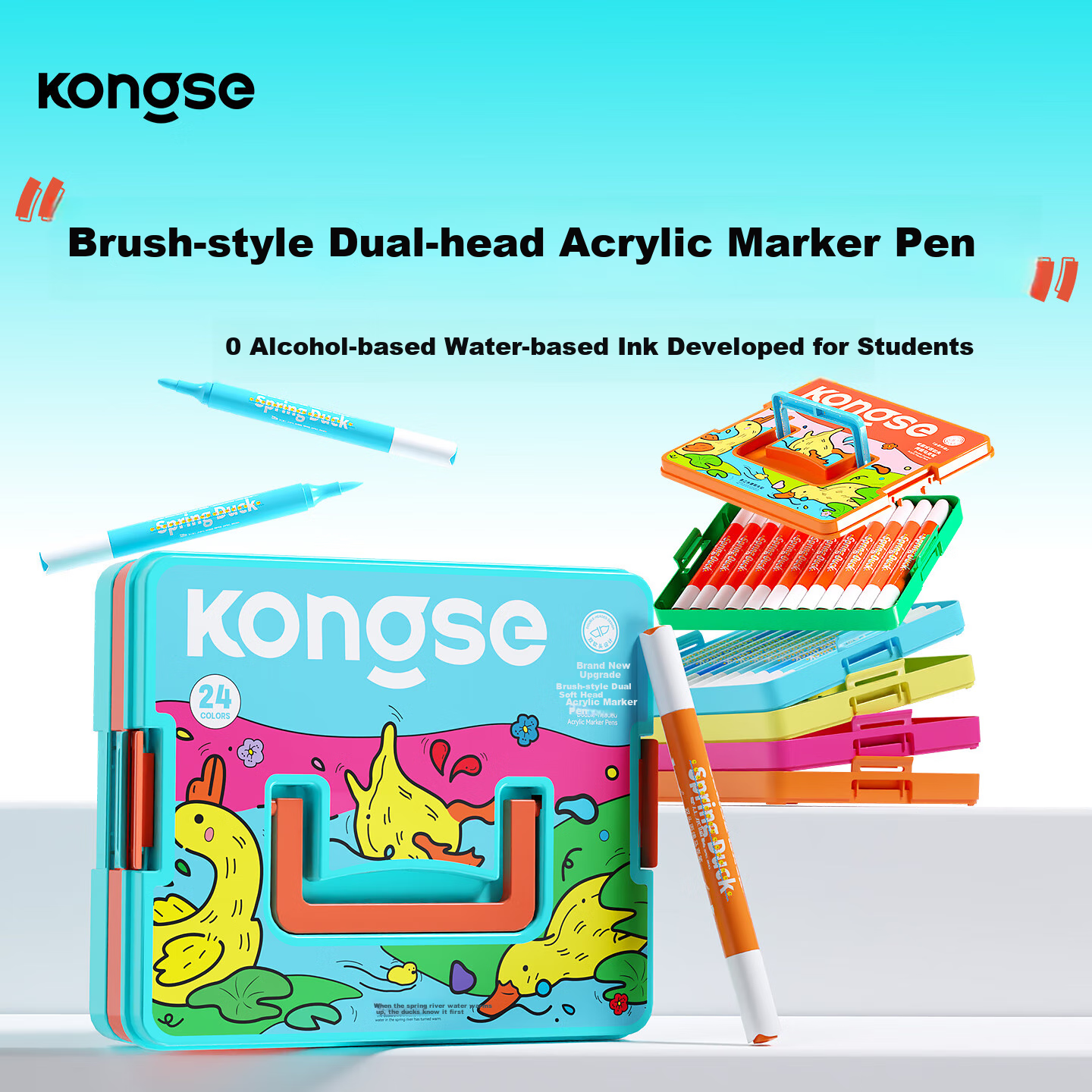Kongse Acrylic Markers, 24 Colors, Dual-Tip Soft Tip, Watercolor Pens, Non-Translucent, Stackable, for Elementary School Students And Children, Washable, Non-Toxic Coloring Markers, Watercolor Pens, Gift, Back-To Essential