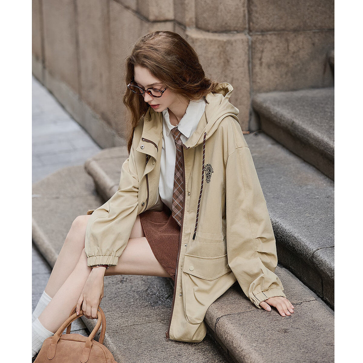 TonLion 2025 Autumn Women's Khaki Hooded Mid-Length Fashionable Early Autumn Stylish Trench Coat Casual College Jacket