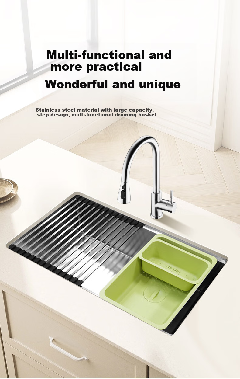 OULIN Kitchen Sink, Large Single Basin Vegetable Washing Sink, Integrated Basin, No Coating, SUS304 Stainless Steel Sink, Pull-Out Faucet, 661 1
