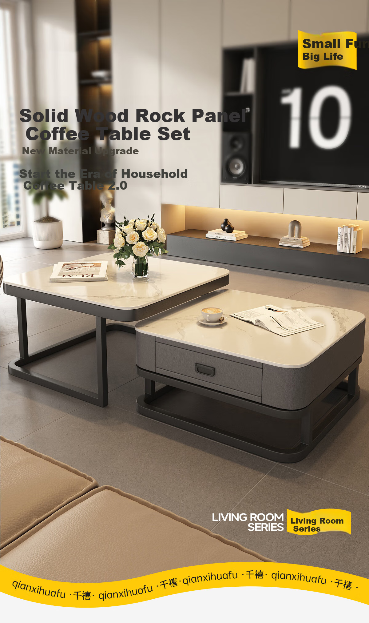 Qianxihuafu Coffee Table, Living Room Side Table for Small Apartments, High-End Light Luxury, 2026 Square Rock Slab Coffee Table, White And Gray Glass Top 5