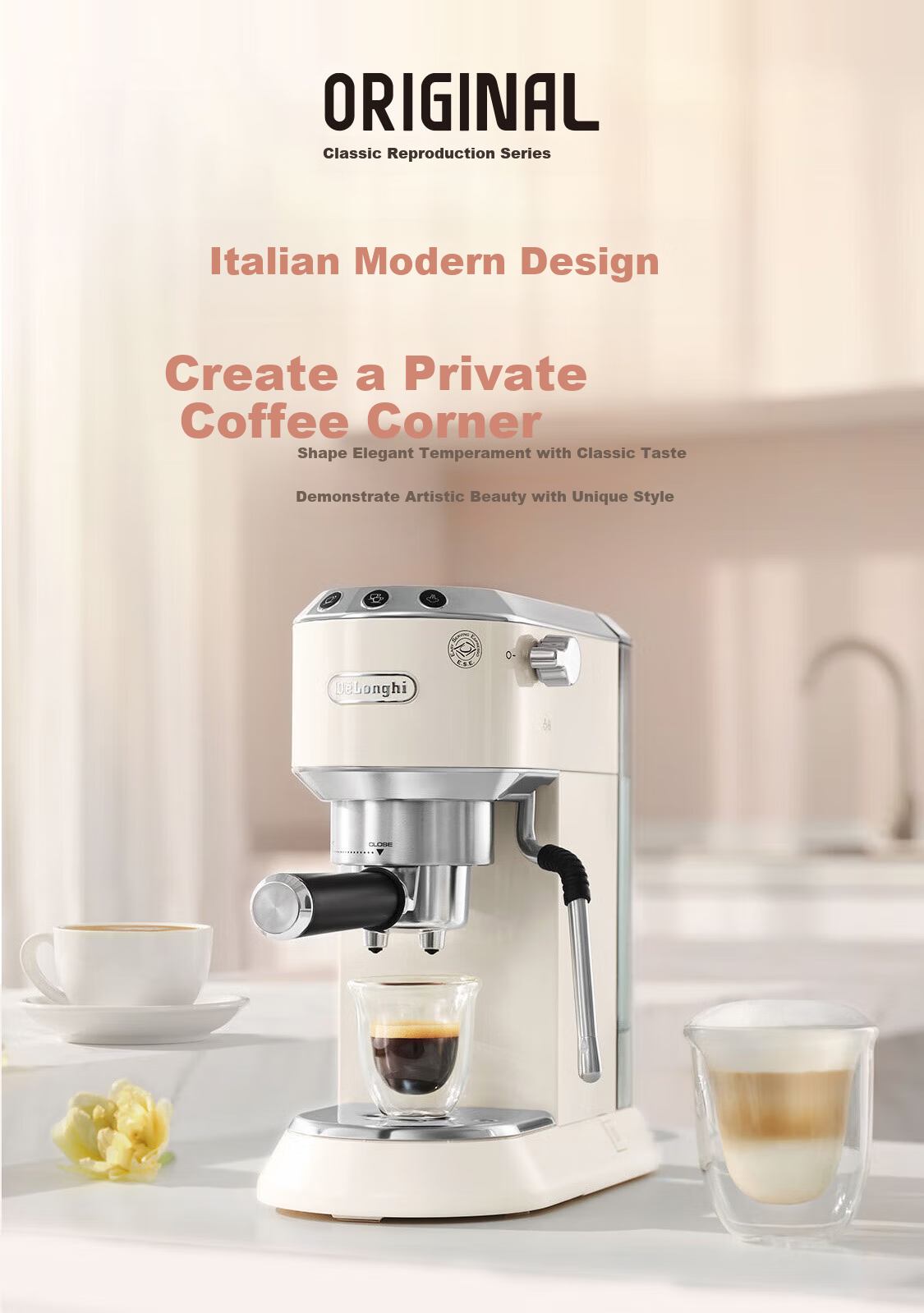 Delonghi Coffee Machine, Semi-Automatic Coffee Maker, Compact Home-Use Americano And Espresso Pump Press Professional Stainless Steel Manual Milk Frother EC885.CR EX: Cream White Gift 1